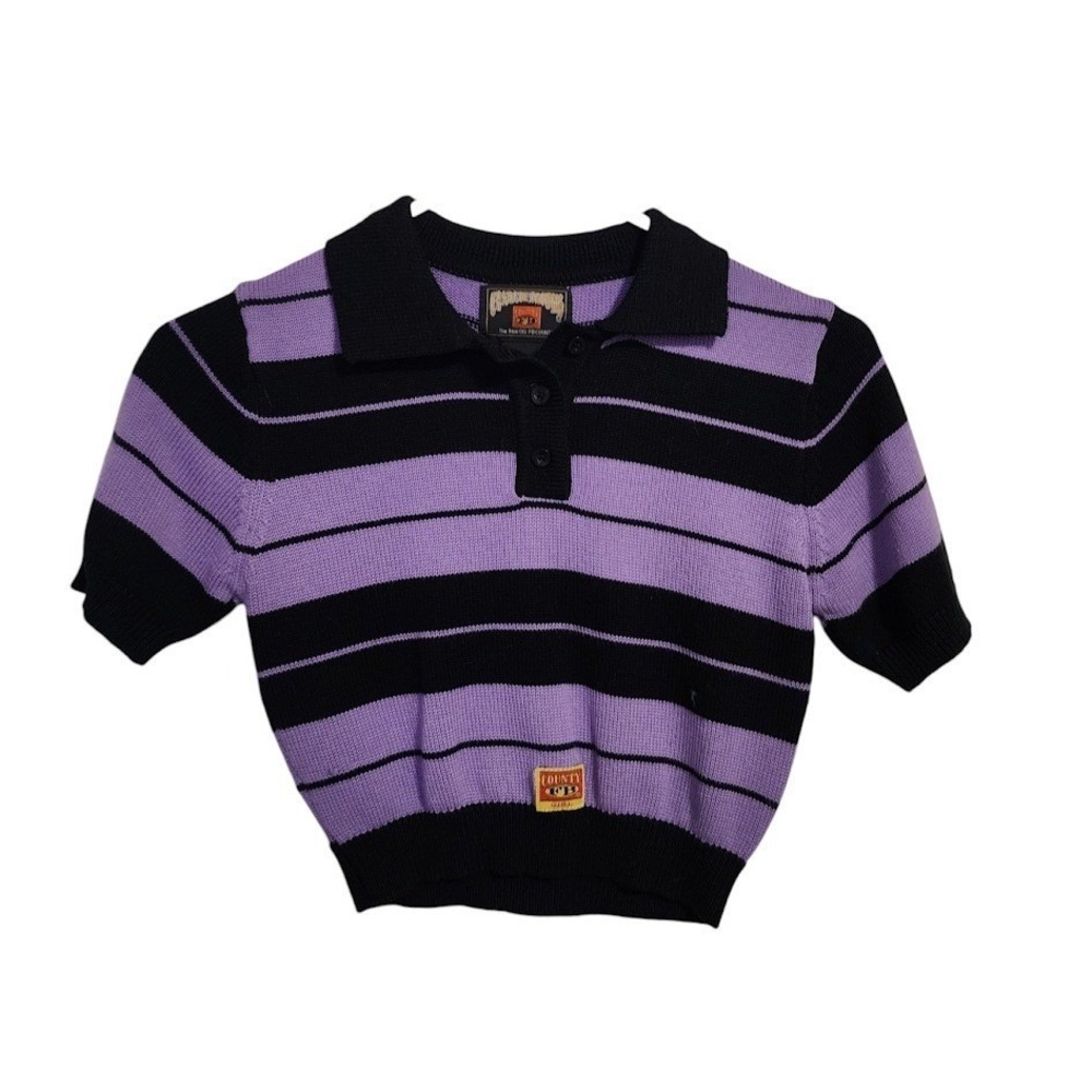 FB County Striped Crop Knit Polo Shirt Purple Black Mall Goth Grunge Sleaze XS